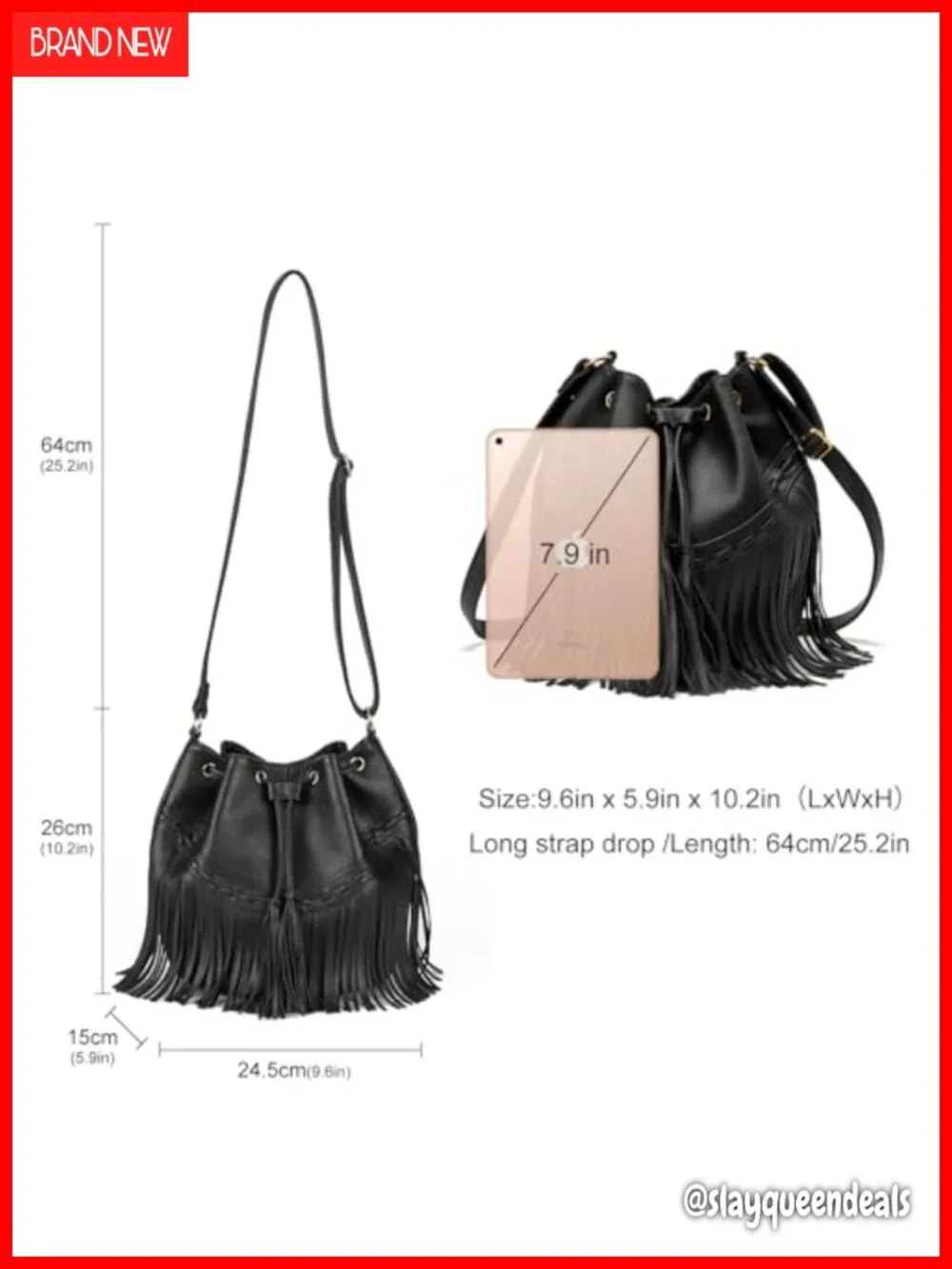 Faux Leather Bucket Bag Crossbody with Tassel Fringe Shoulder Hobo Purse